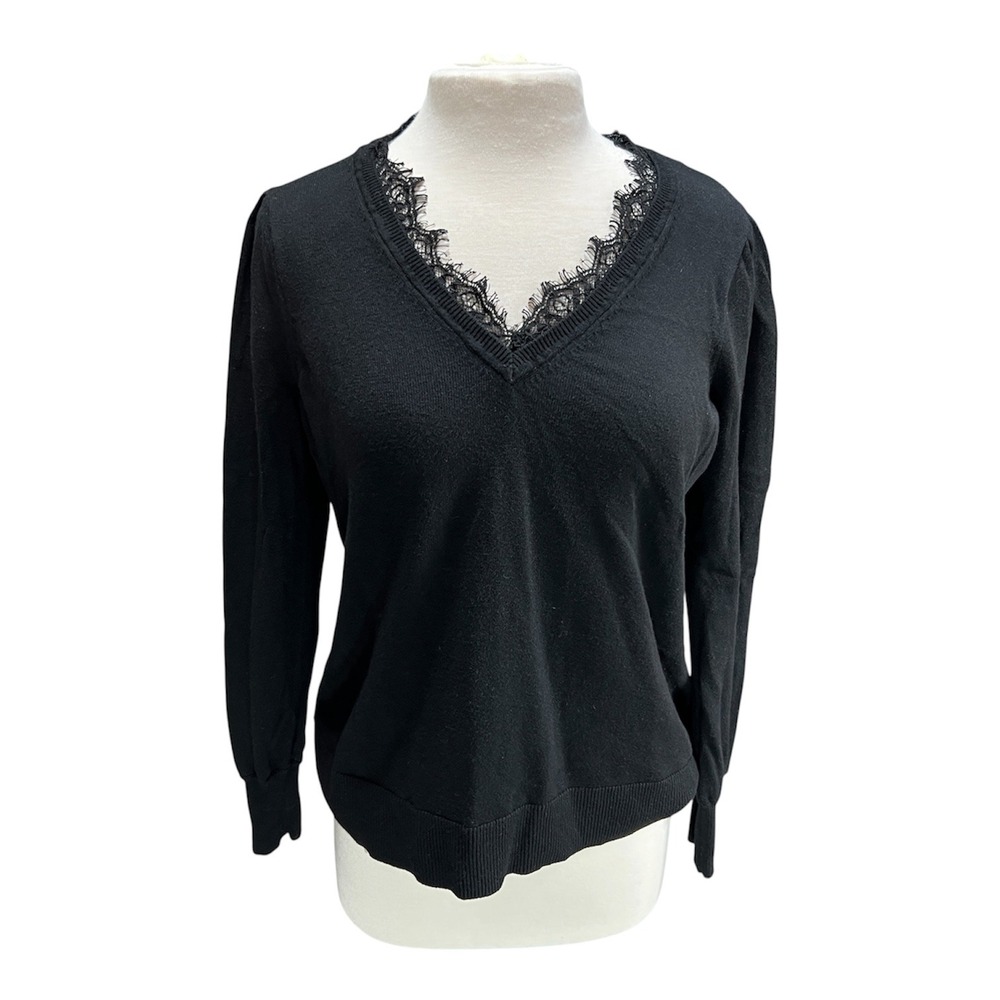 Vince Camuto Womens Black Lace Trim V-Neck Puff Sleeve Sweater Large Whimsigoth